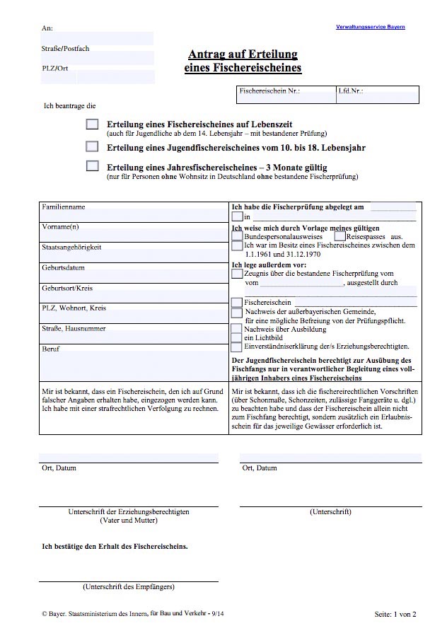 Antrag auf Erteilung Fischereischein Bayern