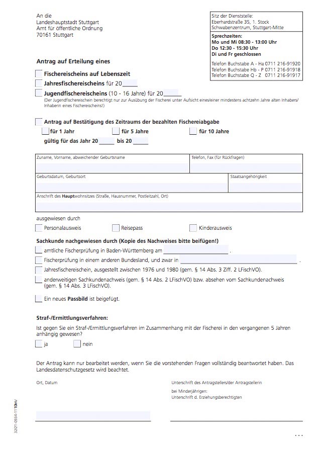 Antrag Fischereischein Stuttgart auf Lebenszeit